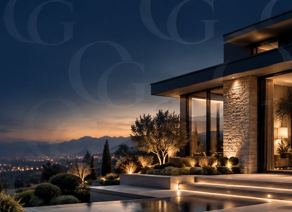 A modern stone home lit up at dusk overlooking city lights
